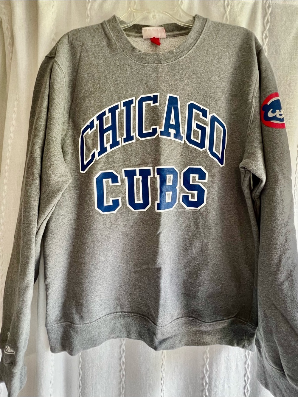 Mitchell & Ness Gray Chicago Cubs Crewneck Sweatshirt with Blue White Logo